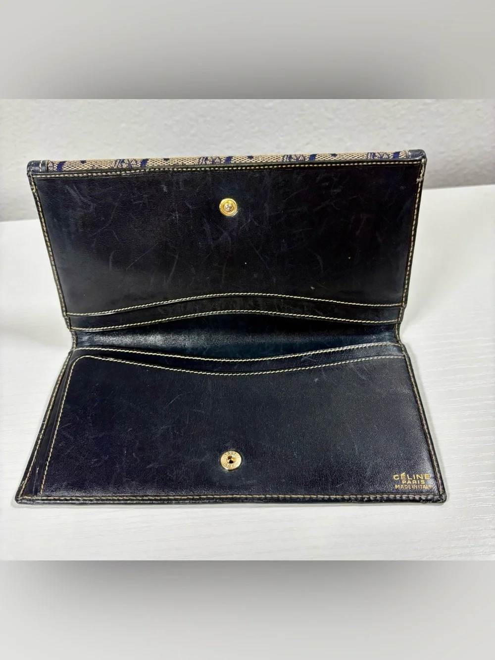 Celine Long Wallet, Navy & Beige Canvas and Leather
